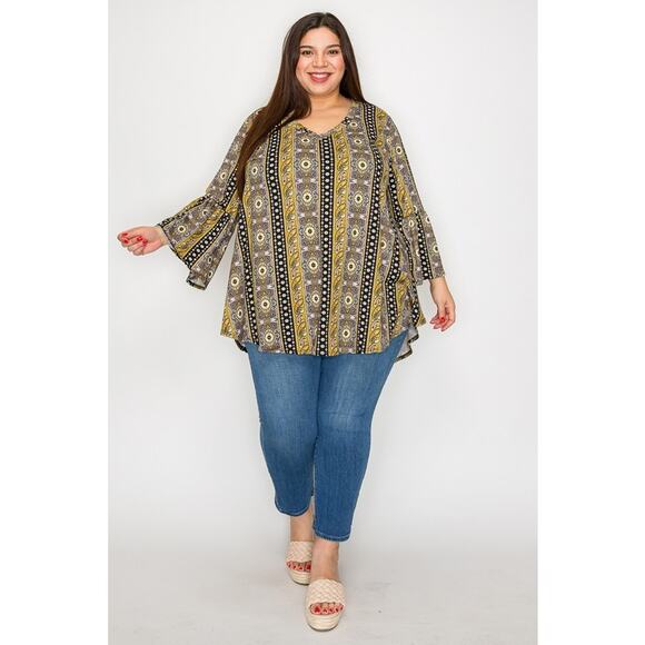 060 Curvy Lovey V-Neck Paisley Multi Print Tunic Top With Ruffle Sleeves Yellow - Picture 5 of 5
